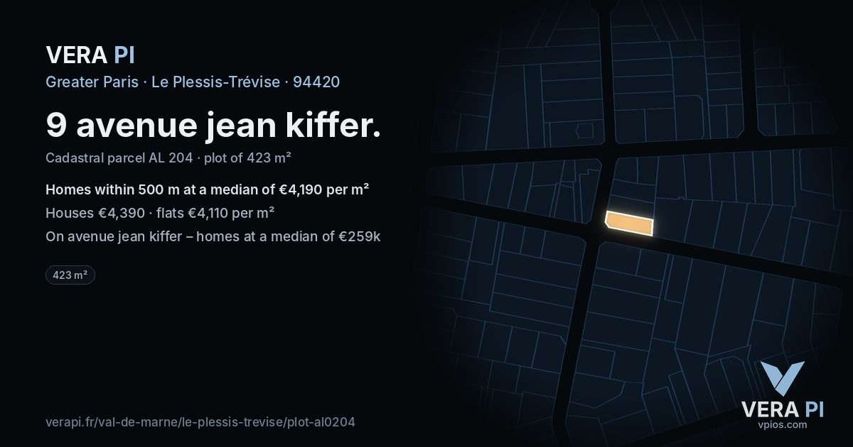 9 avenue jean kiffer, Le Plessis-Trévise at night – the plot lit, the parcels around coloured by the prices near them