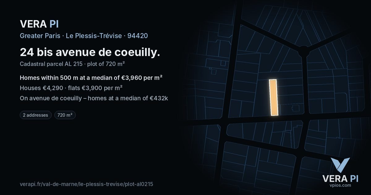 24 bis avenue de coeuilly, Le Plessis-Trévise at night – the plot lit, the parcels around coloured by the prices near them