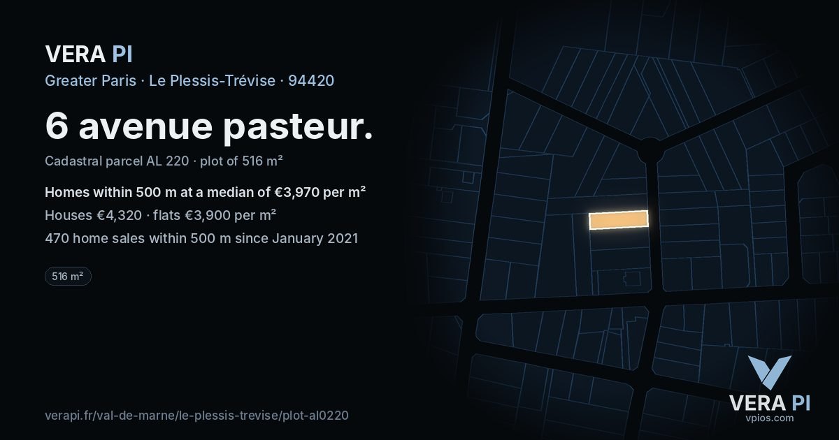 6 avenue pasteur, Le Plessis-Trévise at night – the plot lit, the parcels around coloured by the prices near them