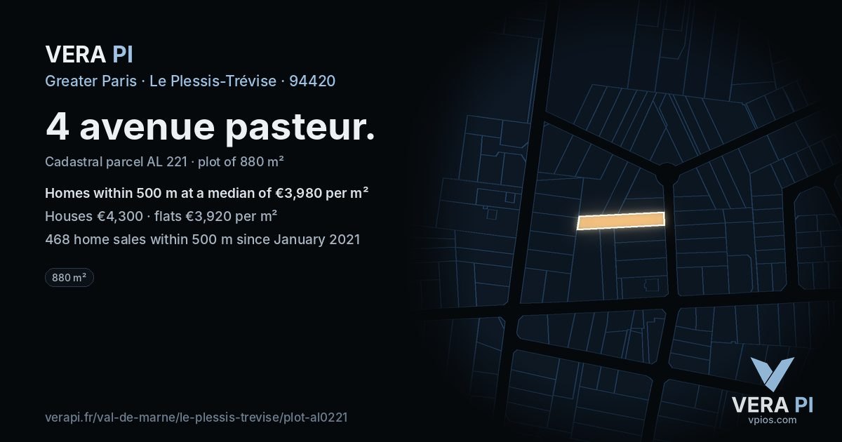 4 avenue pasteur, Le Plessis-Trévise at night – the plot lit, the parcels around coloured by the prices near them