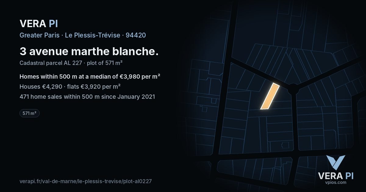 3 avenue marthe blanche, Le Plessis-Trévise at night – the plot lit, the parcels around coloured by the prices near them