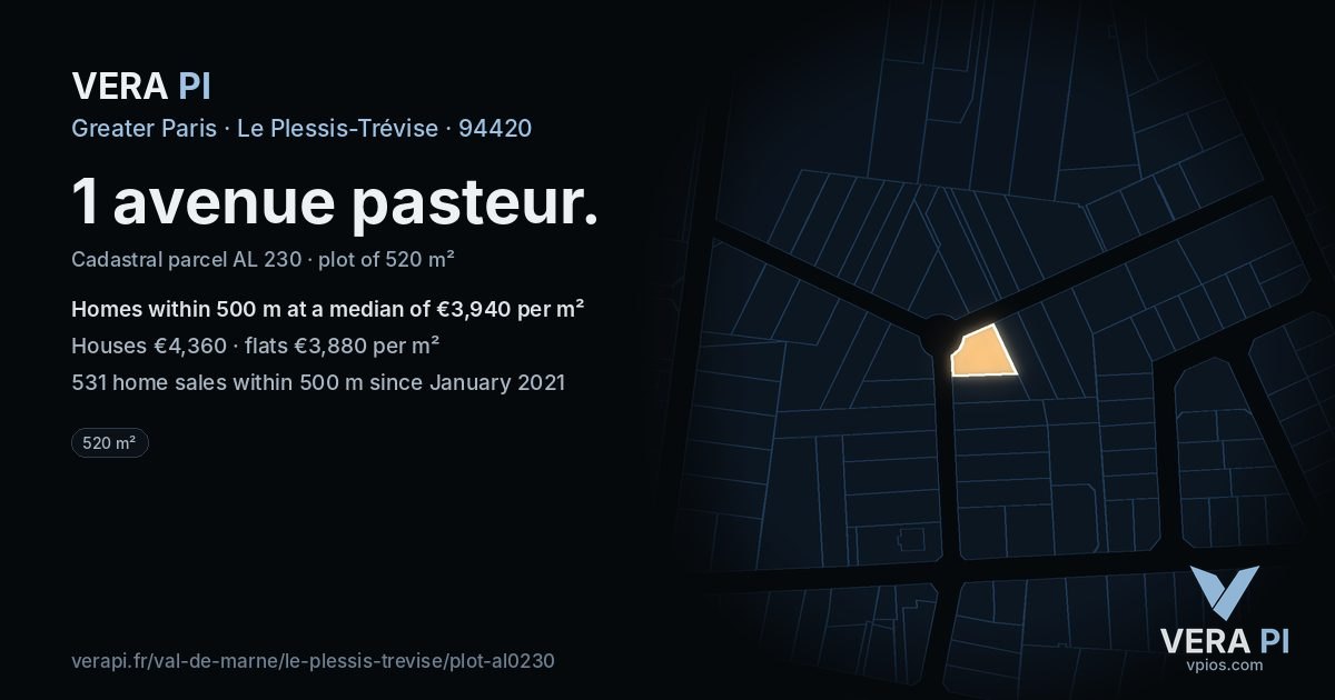 1 avenue pasteur, Le Plessis-Trévise at night – the plot lit, the parcels around coloured by the prices near them