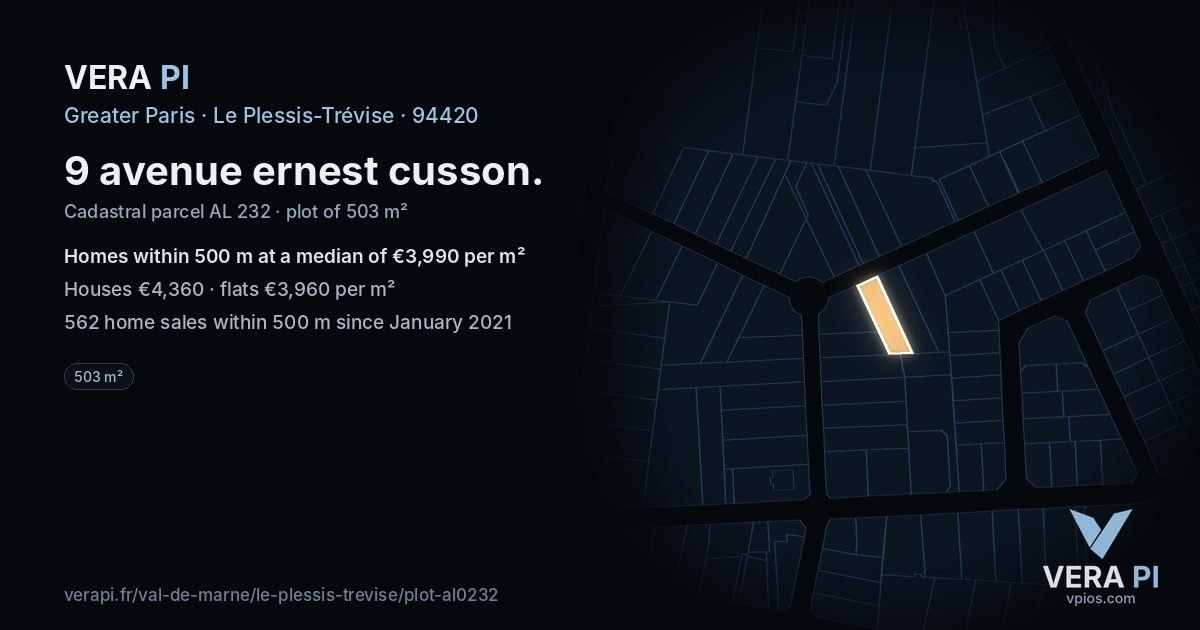 9 avenue ernest cusson, Le Plessis-Trévise at night – the plot lit, the parcels around coloured by the prices near them