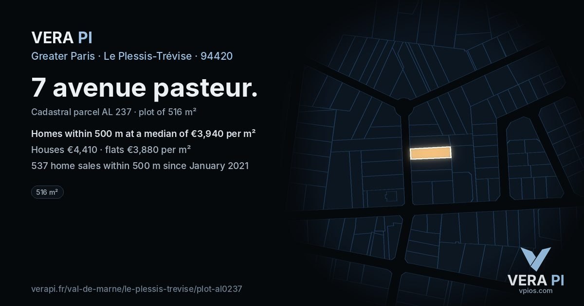 7 avenue pasteur, Le Plessis-Trévise at night – the plot lit, the parcels around coloured by the prices near them