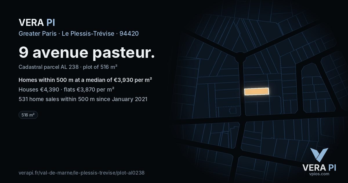 9 avenue pasteur, Le Plessis-Trévise at night – the plot lit, the parcels around coloured by the prices near them
