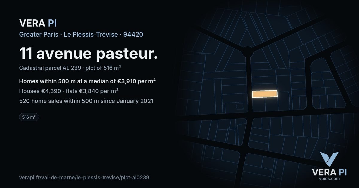 11 avenue pasteur, Le Plessis-Trévise at night – the plot lit, the parcels around coloured by the prices near them