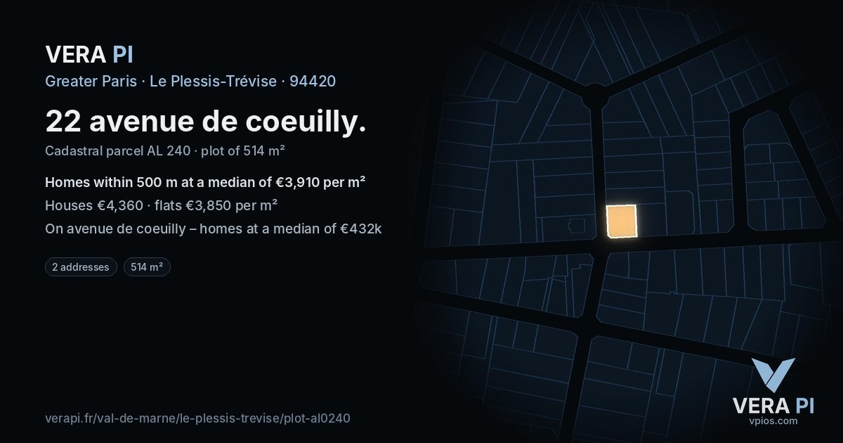 22 avenue de coeuilly, Le Plessis-Trévise at night – the plot lit, the parcels around coloured by the prices near them
