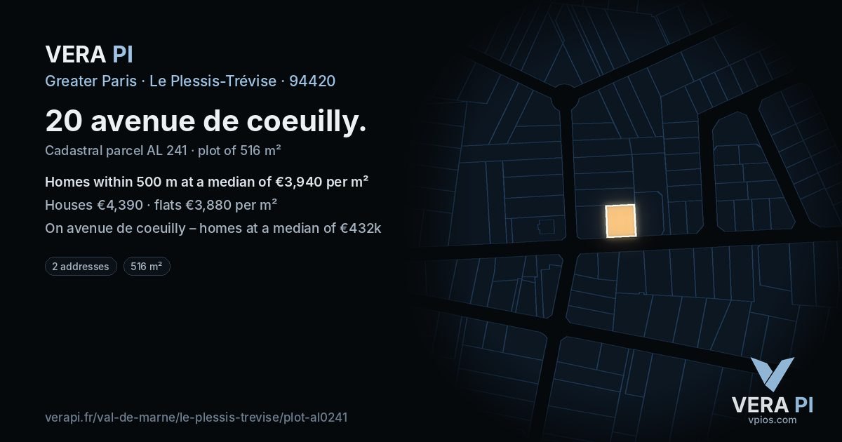 20 avenue de coeuilly, Le Plessis-Trévise at night – the plot lit, the parcels around coloured by the prices near them