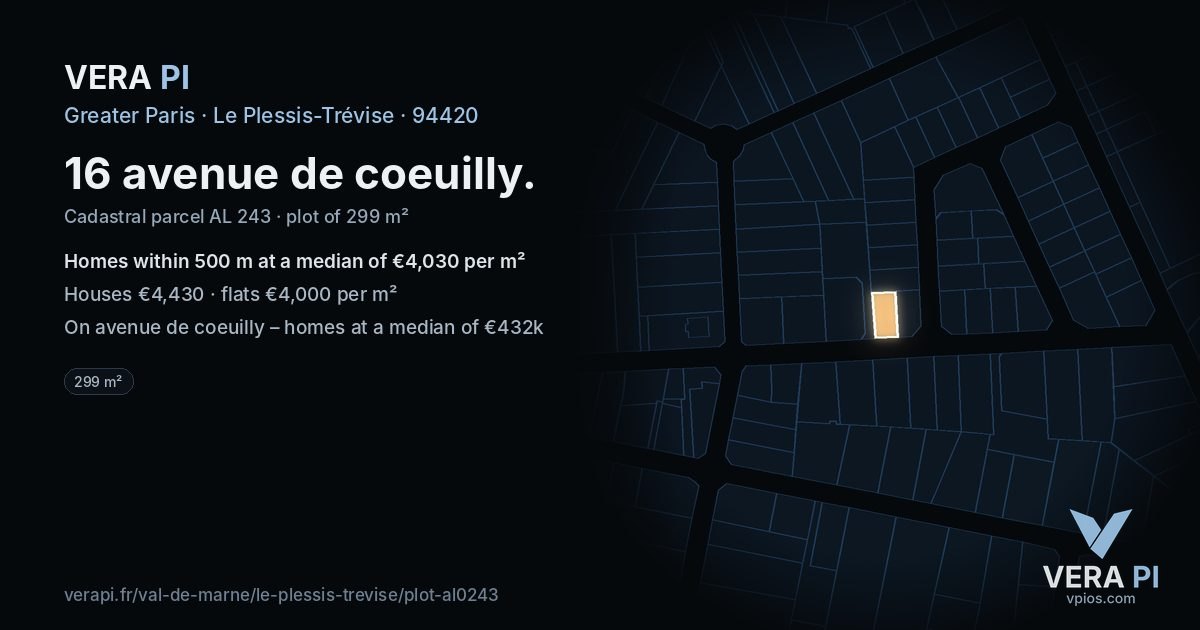 16 avenue de coeuilly, Le Plessis-Trévise at night – the plot lit, the parcels around coloured by the prices near them