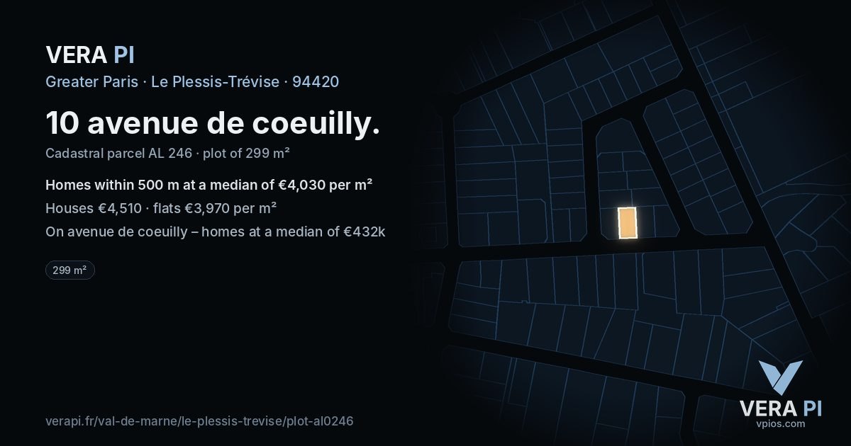 10 avenue de coeuilly, Le Plessis-Trévise at night – the plot lit, the parcels around coloured by the prices near them