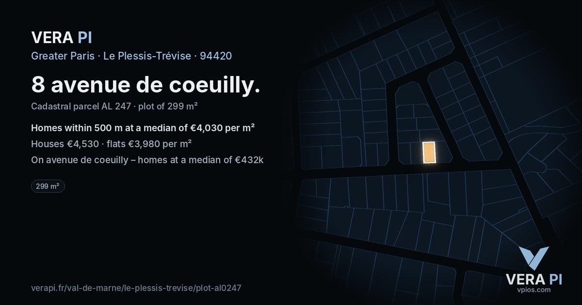 8 avenue de coeuilly, Le Plessis-Trévise at night – the plot lit, the parcels around coloured by the prices near them