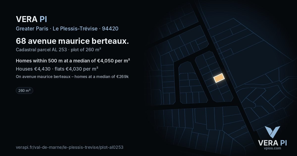 68 avenue maurice berteaux, Le Plessis-Trévise at night – the plot lit, the parcels around coloured by the prices near them