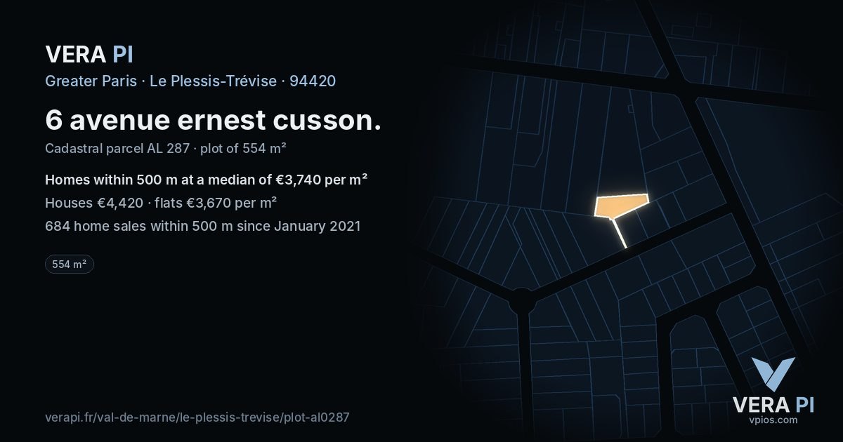 6 avenue ernest cusson, Le Plessis-Trévise at night – the plot lit, the parcels around coloured by the prices near them