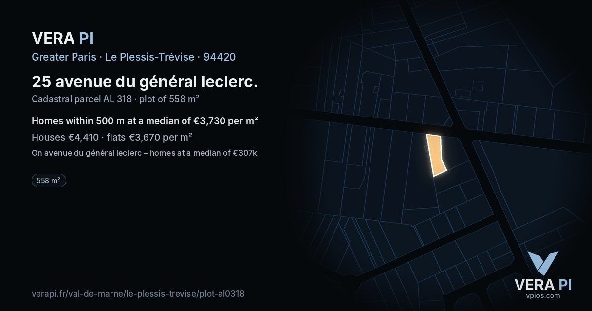 25 avenue du général leclerc, Le Plessis-Trévise at night – the plot lit, the parcels around coloured by the prices near them