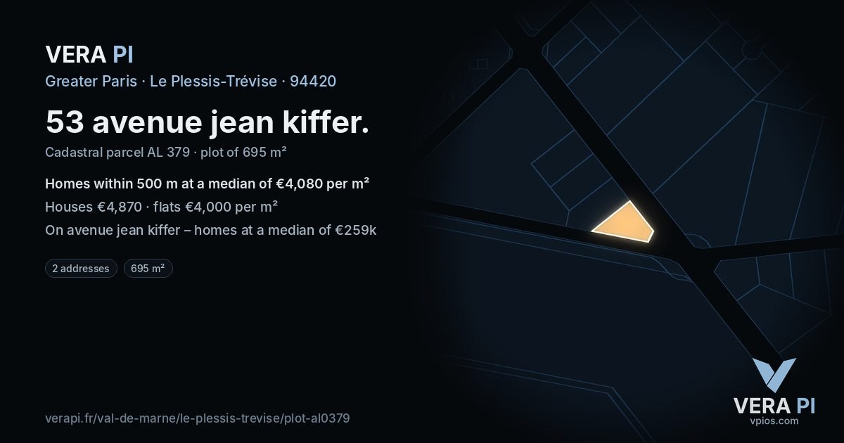 53 avenue jean kiffer, Le Plessis-Trévise at night – the plot lit, the parcels around coloured by the prices near them
