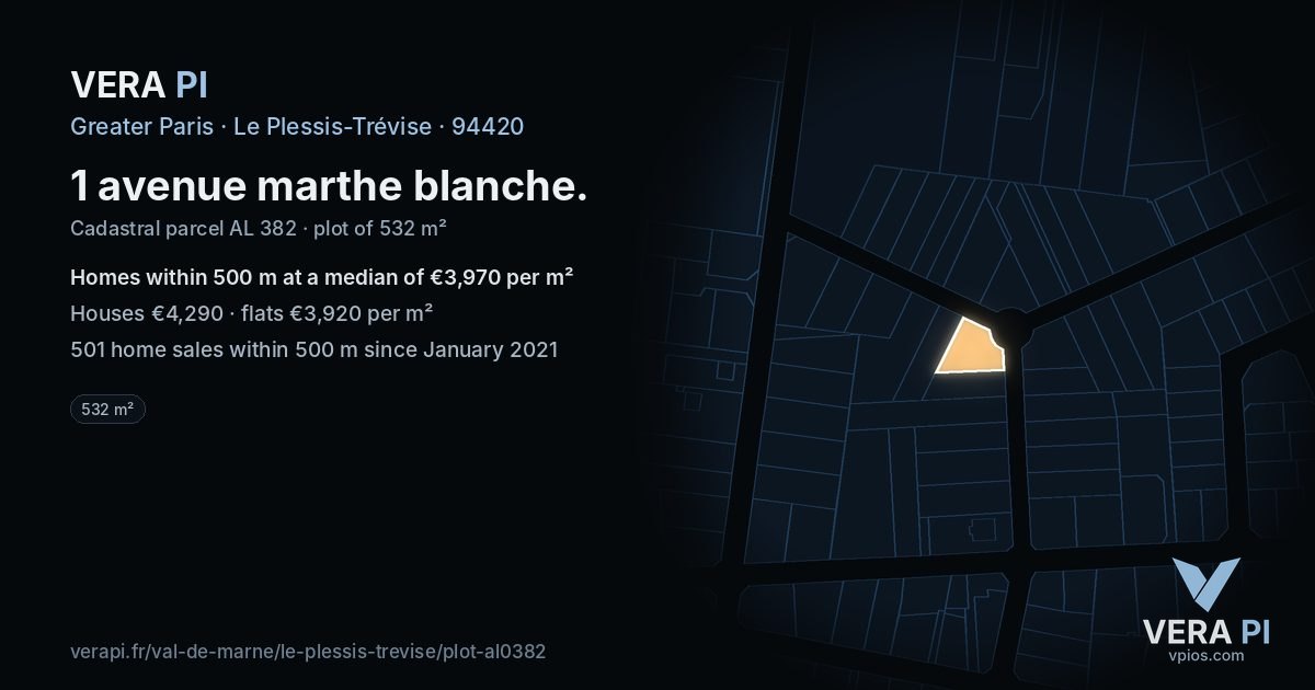1 avenue marthe blanche, Le Plessis-Trévise at night – the plot lit, the parcels around coloured by the prices near them