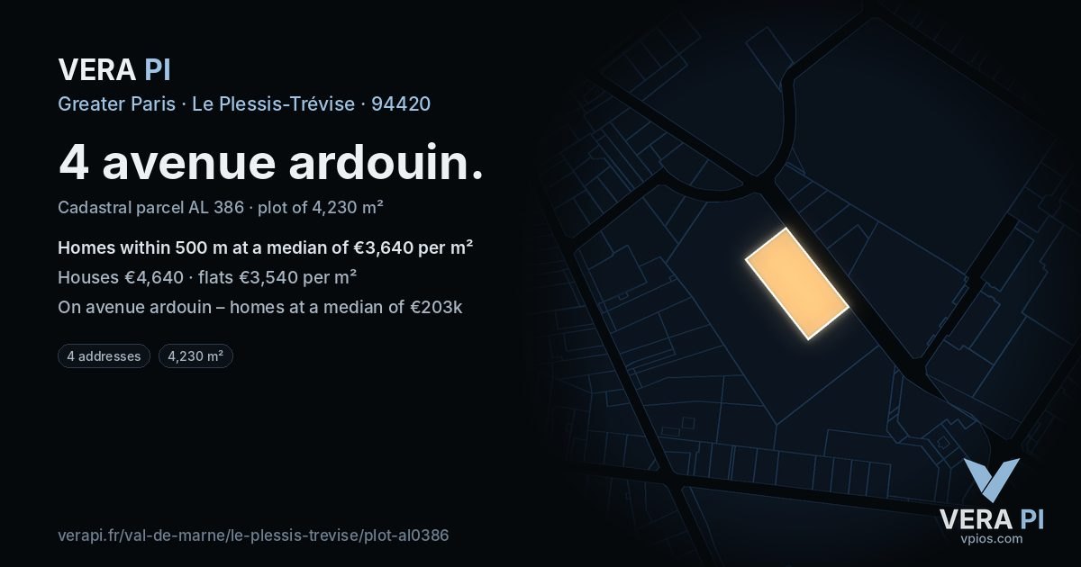 4 avenue ardouin, Le Plessis-Trévise at night – the plot lit, the parcels around coloured by the prices near them