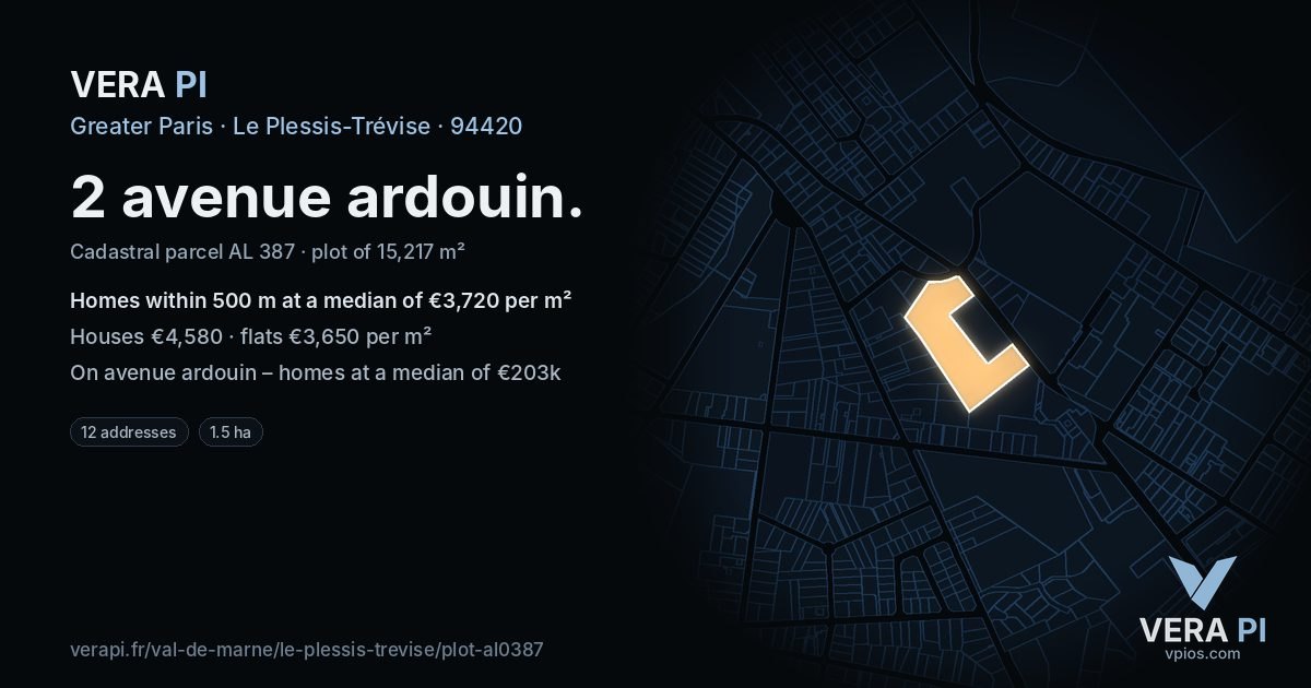 2 avenue ardouin, Le Plessis-Trévise at night – the plot lit, the parcels around coloured by the prices near them