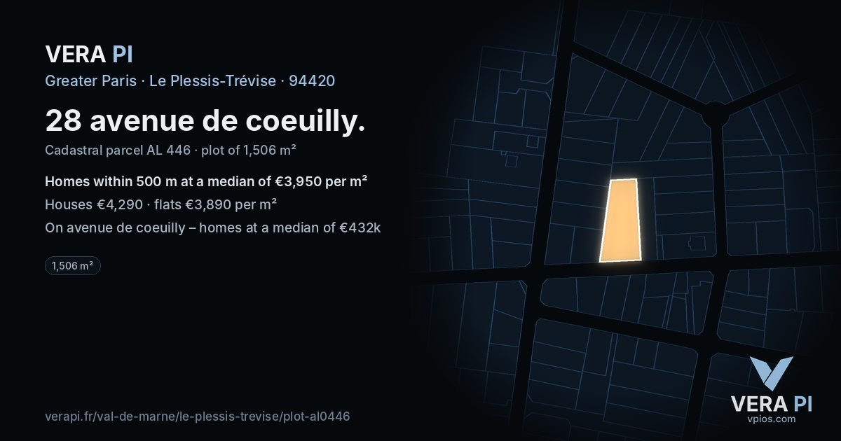 28 avenue de coeuilly, Le Plessis-Trévise at night – the plot lit, the parcels around coloured by the prices near them