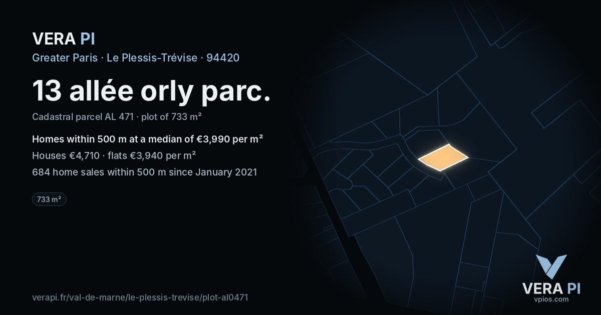 13 allée orly parc, Le Plessis-Trévise at night – the plot lit, the parcels around coloured by the prices near them