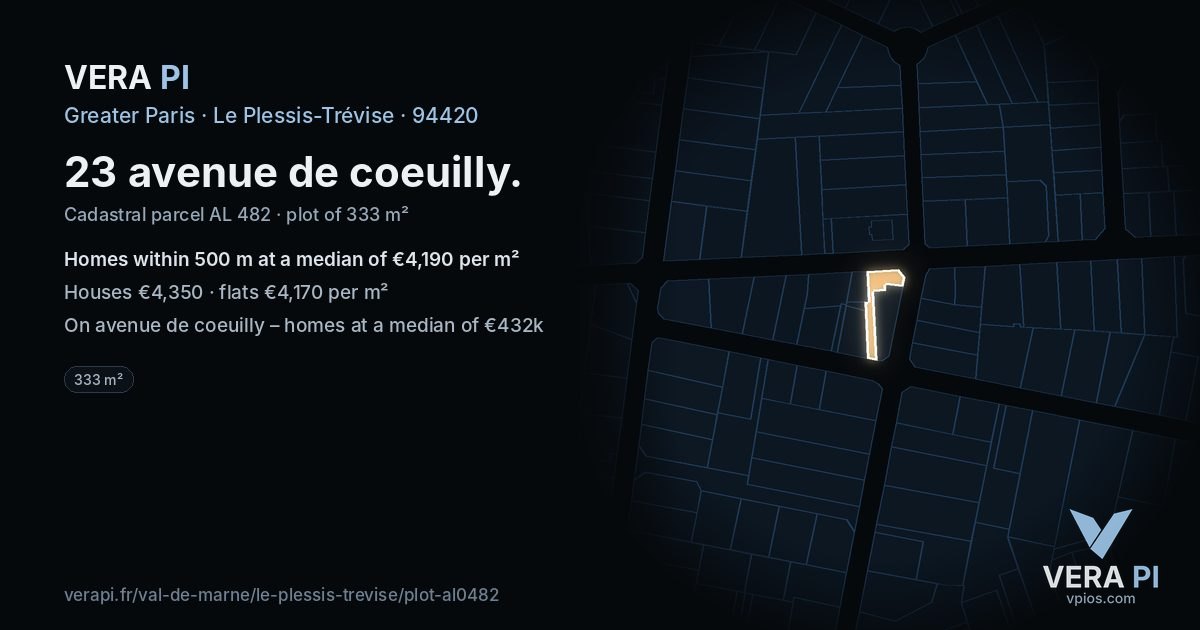 23 avenue de coeuilly, Le Plessis-Trévise at night – the plot lit, the parcels around coloured by the prices near them