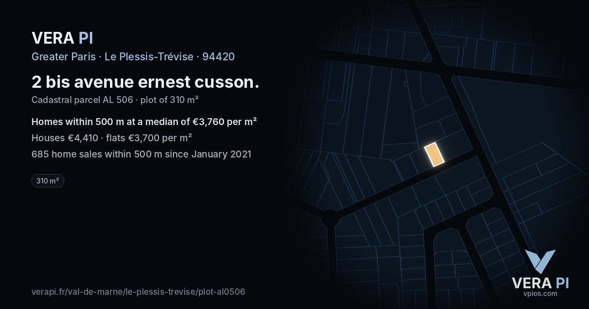 2 bis avenue ernest cusson, Le Plessis-Trévise at night – the plot lit, the parcels around coloured by the prices near them