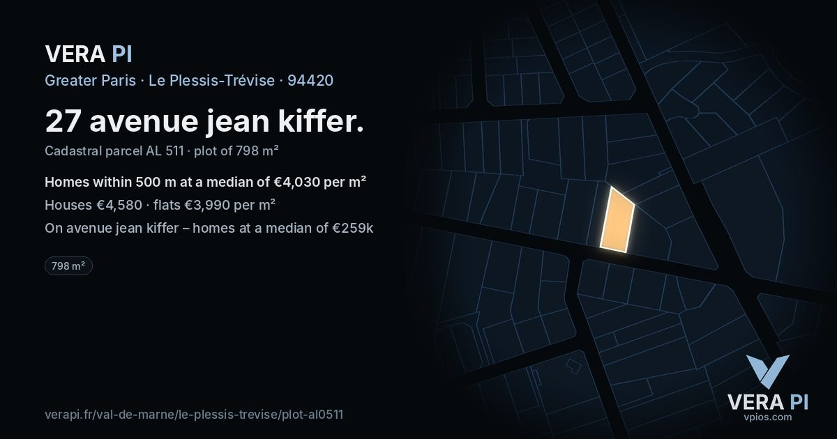 27 avenue jean kiffer, Le Plessis-Trévise at night – the plot lit, the parcels around coloured by the prices near them