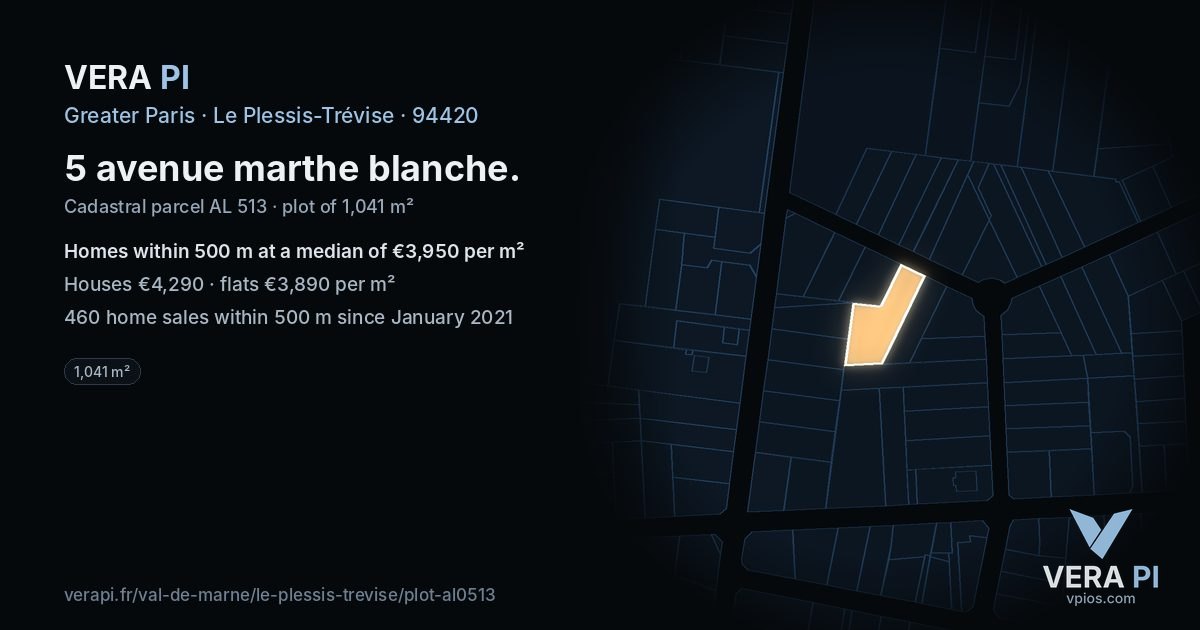 5 avenue marthe blanche, Le Plessis-Trévise at night – the plot lit, the parcels around coloured by the prices near them