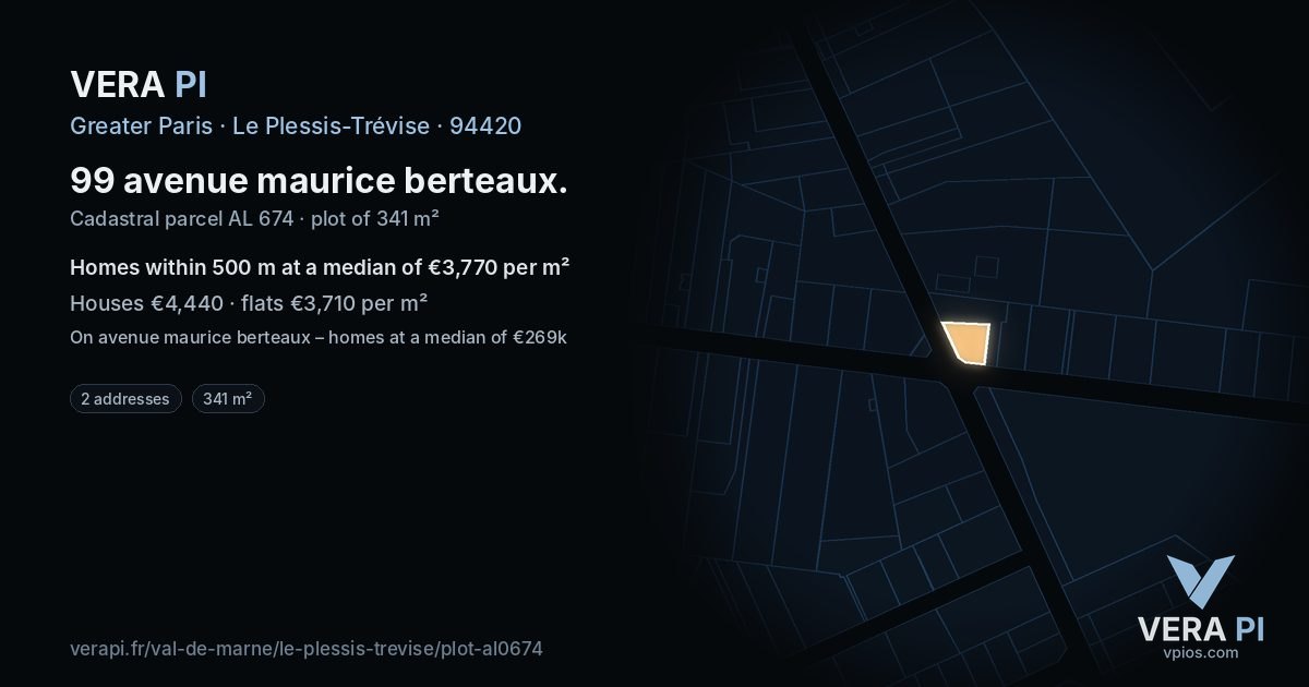 99 avenue maurice berteaux, Le Plessis-Trévise at night – the plot lit, the parcels around coloured by the prices near them