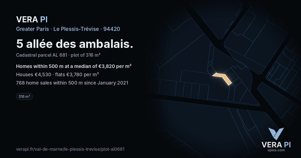 5 allée des ambalais, Le Plessis-Trévise at night – the plot lit, the parcels around coloured by the prices near them