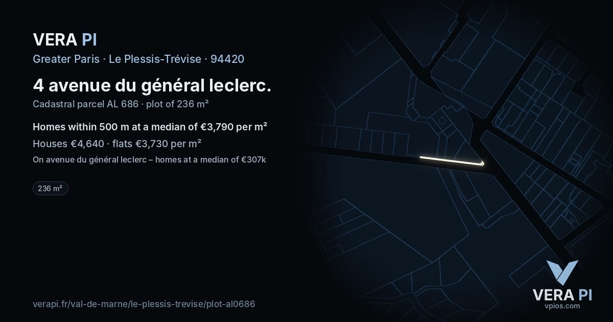 4 avenue du général leclerc, Le Plessis-Trévise at night – the plot lit, the parcels around coloured by the prices near them