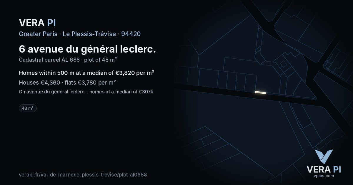 6 avenue du général leclerc, Le Plessis-Trévise at night – the plot lit, the parcels around coloured by the prices near them