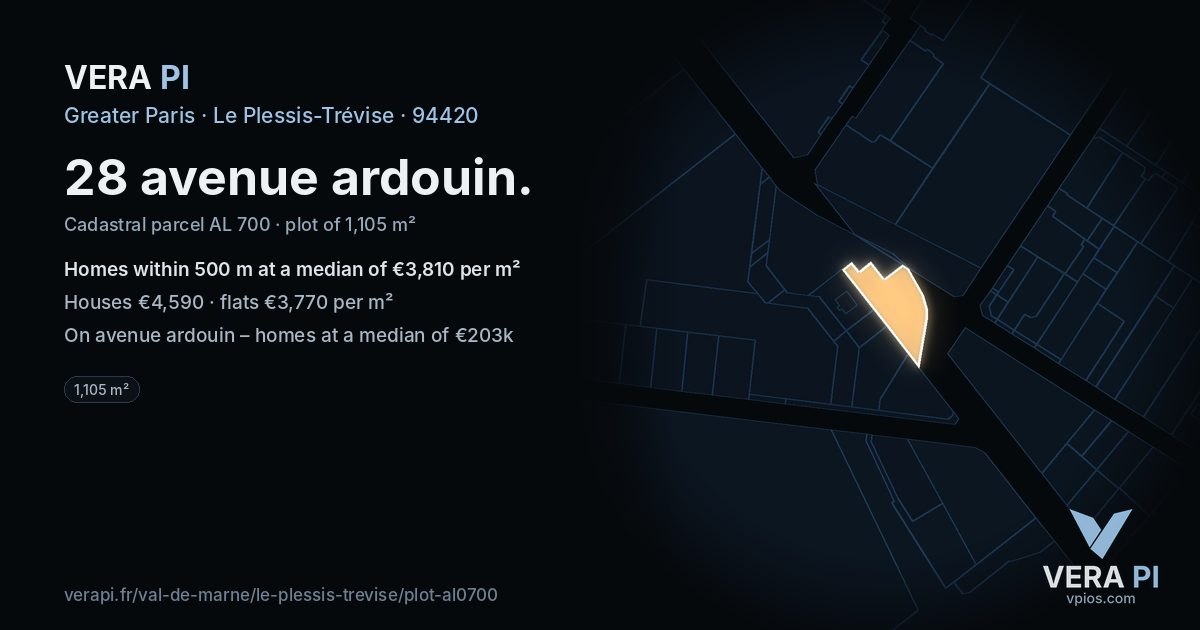 28 avenue ardouin, Le Plessis-Trévise at night – the plot lit, the parcels around coloured by the prices near them