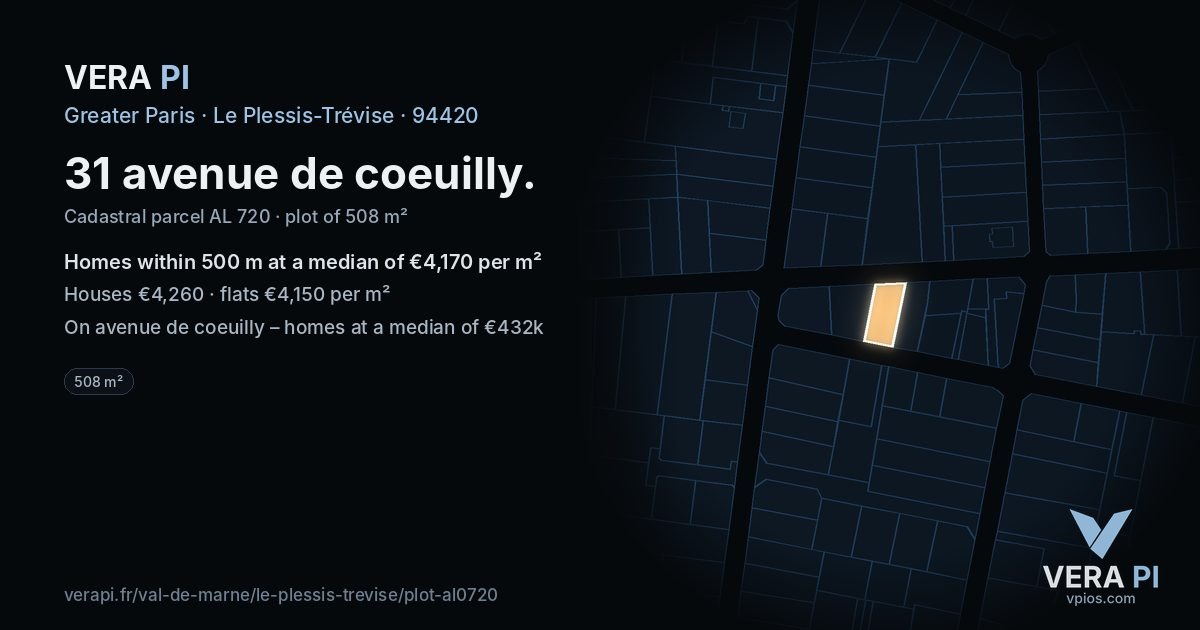 31 avenue de coeuilly, Le Plessis-Trévise at night – the plot lit, the parcels around coloured by the prices near them