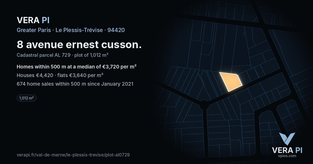 8 avenue ernest cusson, Le Plessis-Trévise at night – the plot lit, the parcels around coloured by the prices near them
