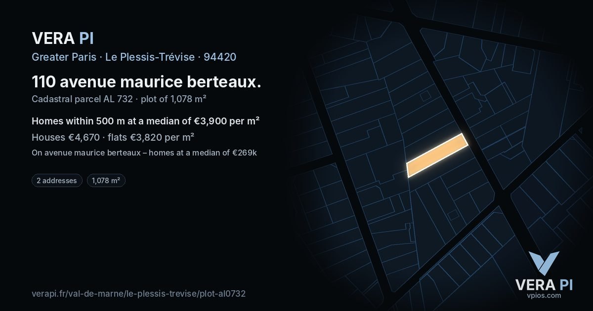 110 avenue maurice berteaux, Le Plessis-Trévise at night – the plot lit, the parcels around coloured by the prices near them