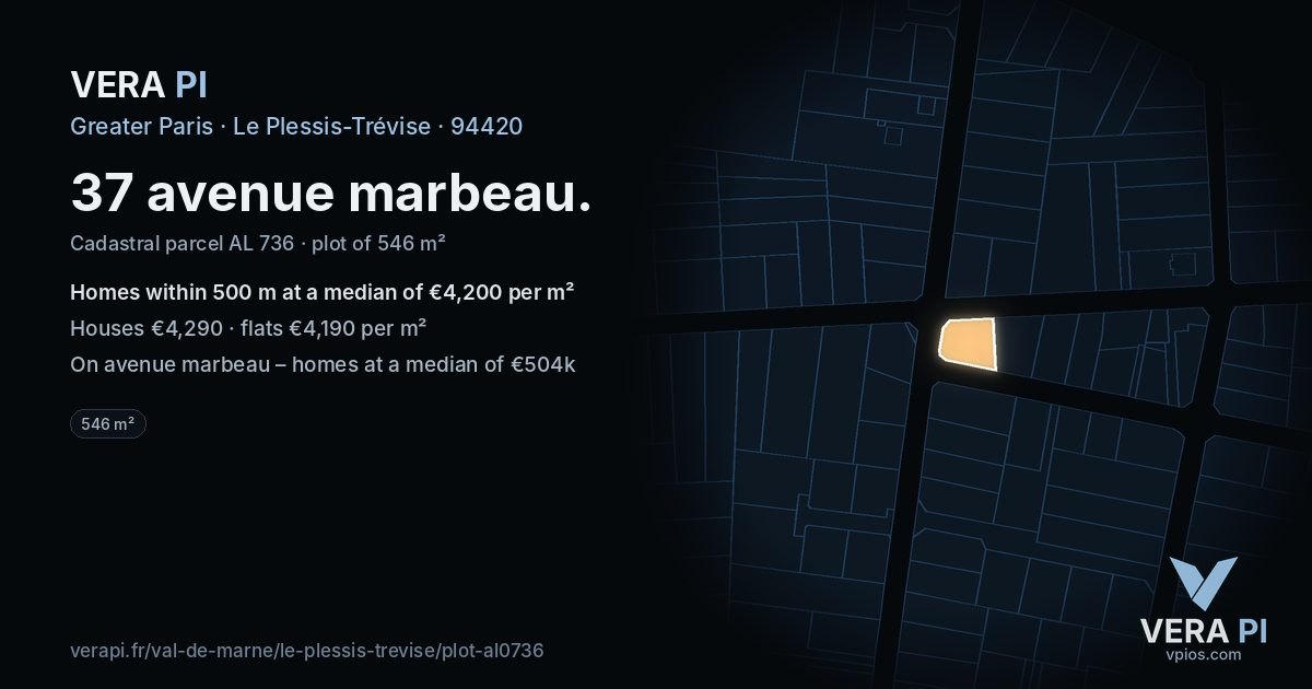 37 avenue marbeau, Le Plessis-Trévise at night – the plot lit, the parcels around coloured by the prices near them