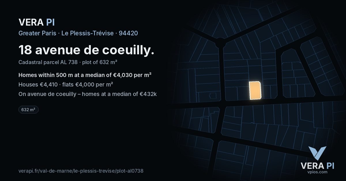 18 avenue de coeuilly, Le Plessis-Trévise at night – the plot lit, the parcels around coloured by the prices near them