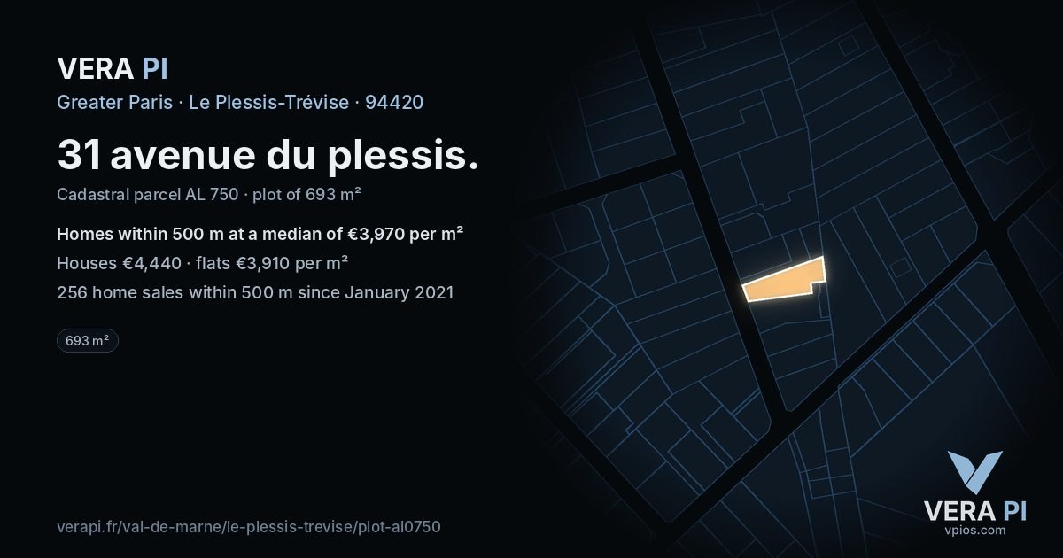 31 avenue du plessis, Le Plessis-Trévise at night – the plot lit, the parcels around coloured by the prices near them