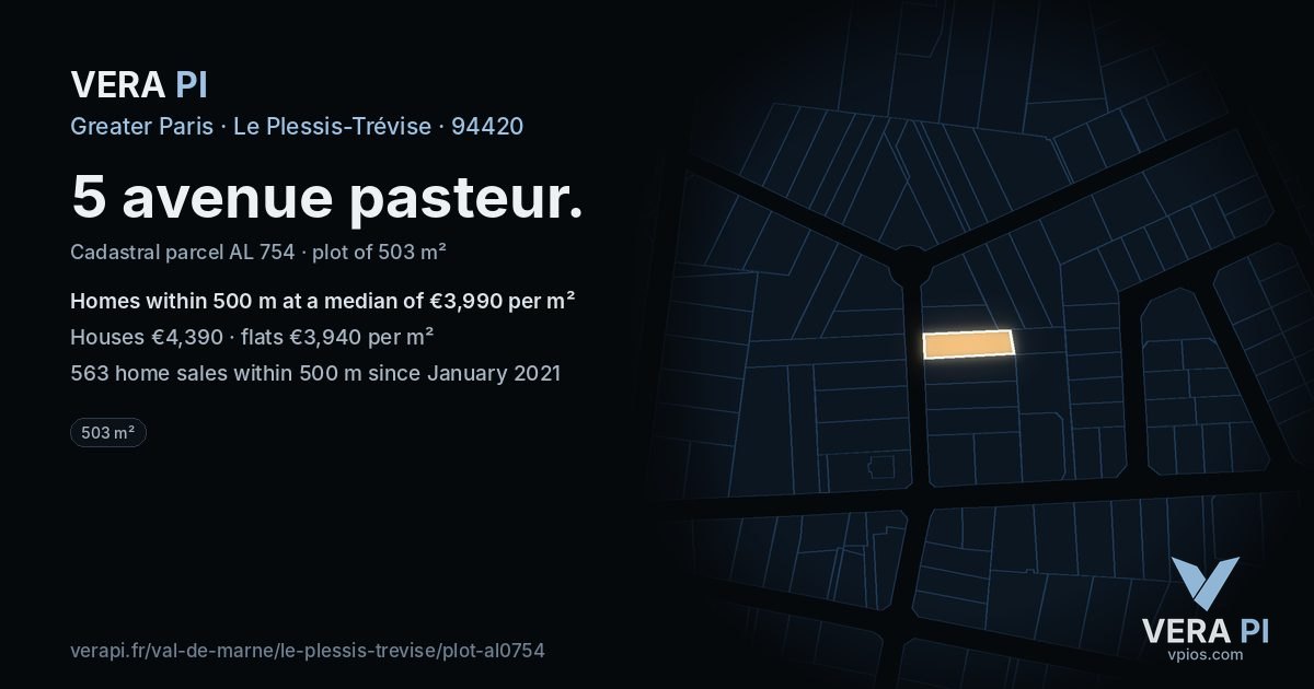 5 avenue pasteur, Le Plessis-Trévise at night – the plot lit, the parcels around coloured by the prices near them