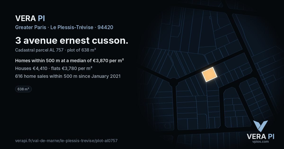 3 avenue ernest cusson, Le Plessis-Trévise at night – the plot lit, the parcels around coloured by the prices near them
