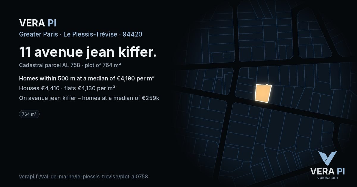 11 avenue jean kiffer, Le Plessis-Trévise at night – the plot lit, the parcels around coloured by the prices near them