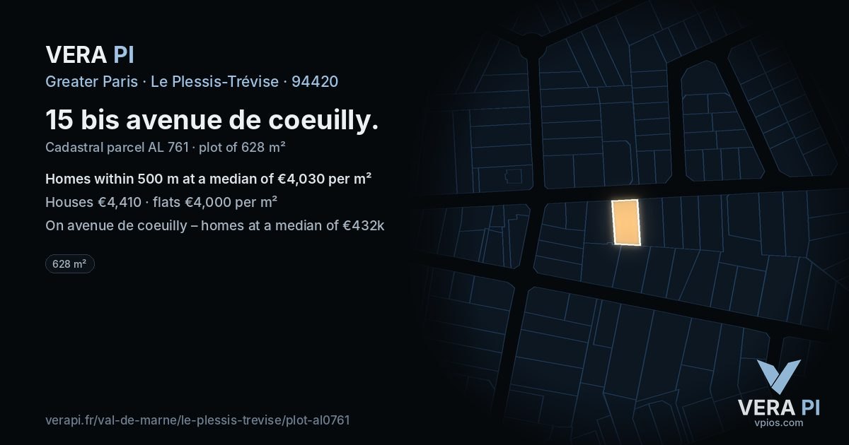 15 bis avenue de coeuilly, Le Plessis-Trévise at night – the plot lit, the parcels around coloured by the prices near them