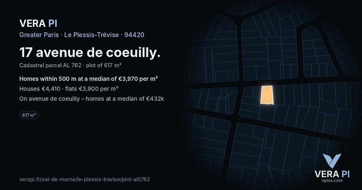 17 avenue de coeuilly, Le Plessis-Trévise at night – the plot lit, the parcels around coloured by the prices near them