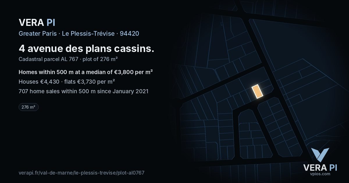 4 avenue des plans cassins, Le Plessis-Trévise at night – the plot lit, the parcels around coloured by the prices near them