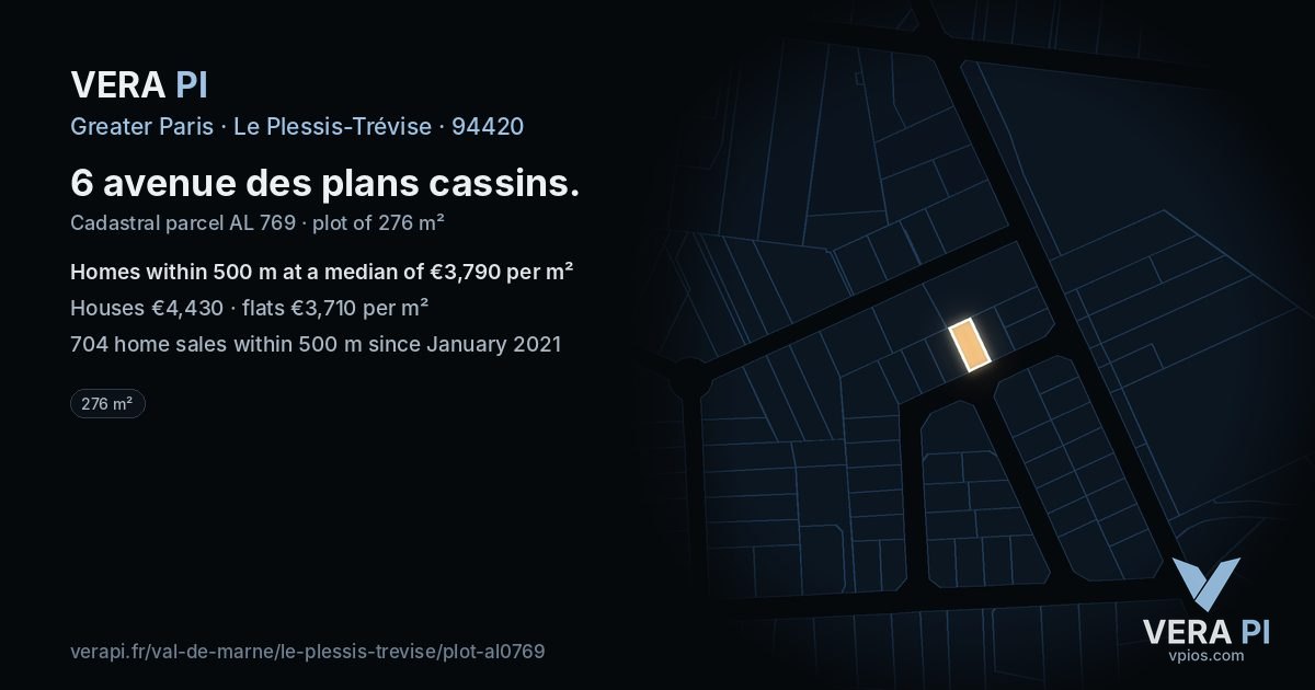 6 avenue des plans cassins, Le Plessis-Trévise at night – the plot lit, the parcels around coloured by the prices near them