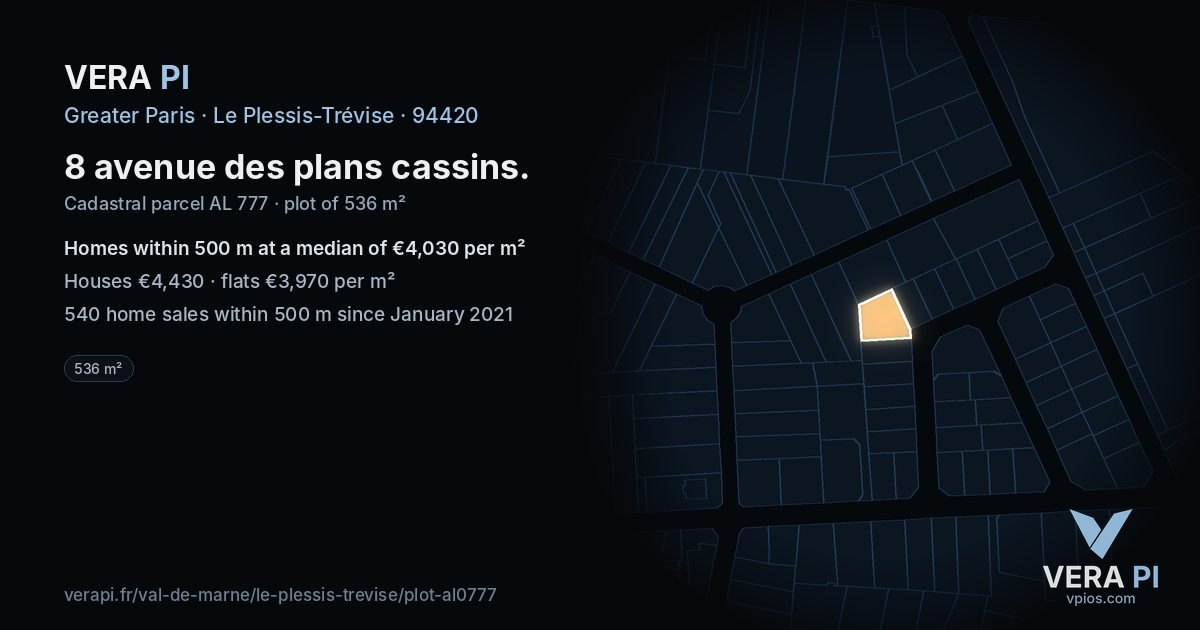 8 avenue des plans cassins, Le Plessis-Trévise at night – the plot lit, the parcels around coloured by the prices near them