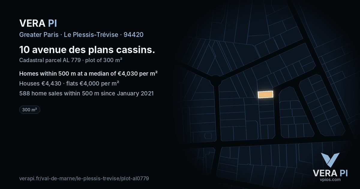 10 avenue des plans cassins, Le Plessis-Trévise at night – the plot lit, the parcels around coloured by the prices near them