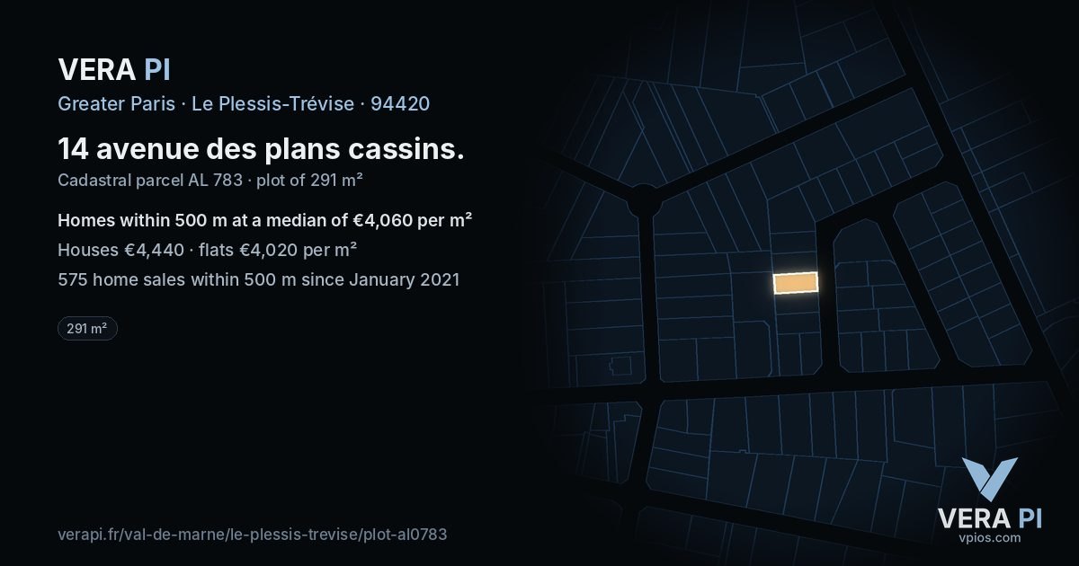 14 avenue des plans cassins, Le Plessis-Trévise at night – the plot lit, the parcels around coloured by the prices near them