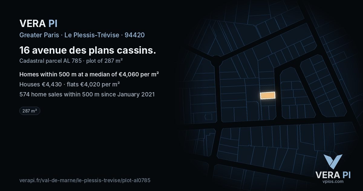 16 avenue des plans cassins, Le Plessis-Trévise at night – the plot lit, the parcels around coloured by the prices near them